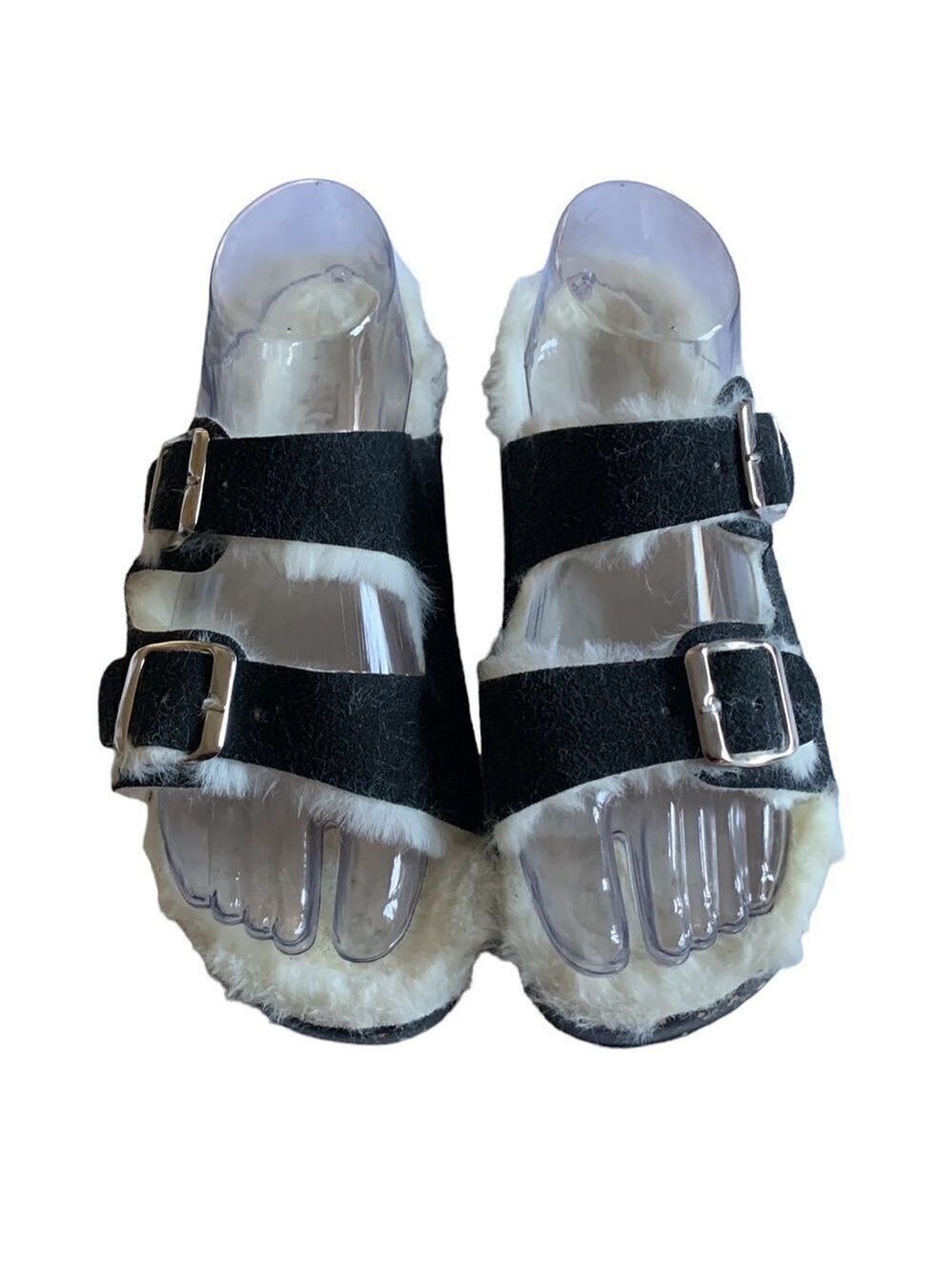 Faux Fur and Faux Suede Black Adjustable Slipper Sandals Size 8